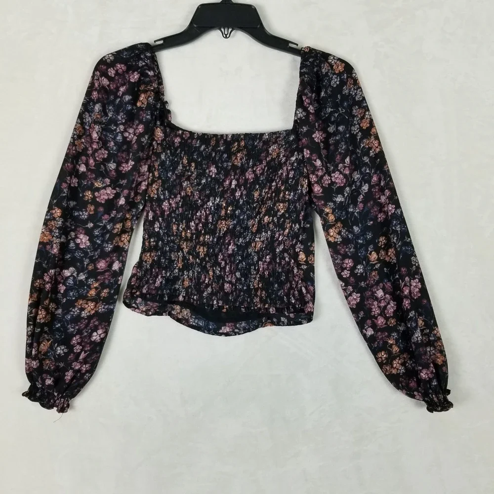Abercrombie & Fitch Blouse Womens Small Black Floral Smocked Square Neck Top